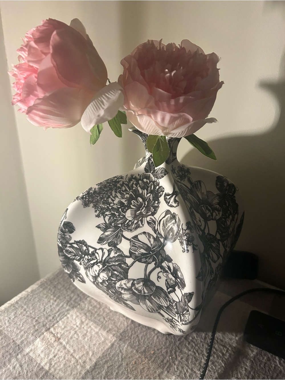 Vintage Pink Floral Artificial Peony Stems in Black & White Floral Vase